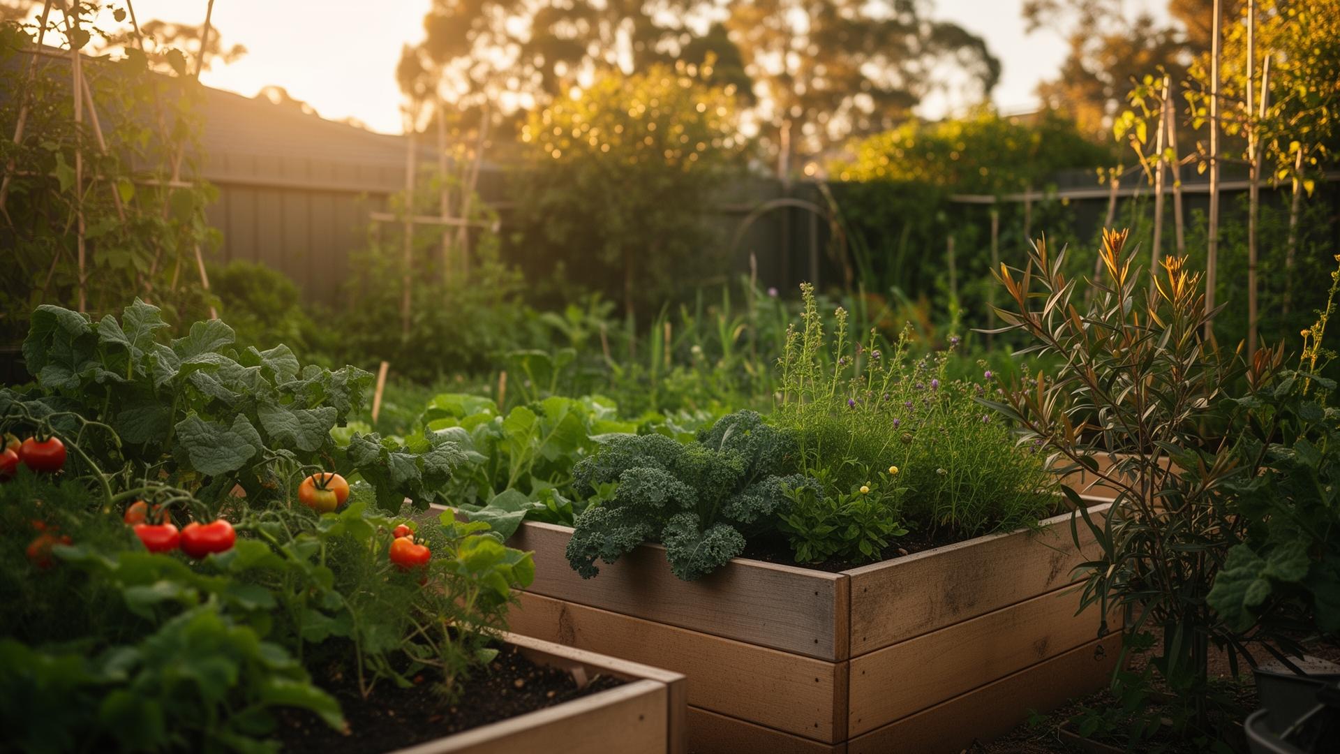 Australian backyard kitchen garden with raised beds, tomatoes and kale at golden hour